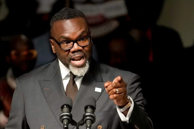 Chicago Mayor Brandon Johnson responds to a question during a news conference where he introduced six of his nominees to the Chicago Board of Education on Monday, Oct. 7, 2024, in Chicago