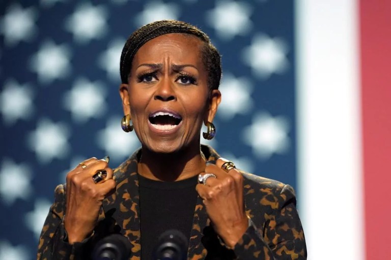 Michelle Obama speaks onstage at Vice President Kamala Harris's rally.
