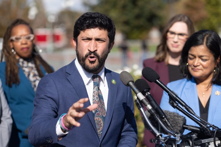 Congressional Progressive Caucus Whip Rep. Greg Casar (D-TX) and Chairwoman Rep. Pramila Jayapal (D-WA) hold a news conference to introduce newly elected members of the CPC for the 119th Congress on Monday, Nov. 11, 2024. (Graeme Jennings / Washington Examiner)