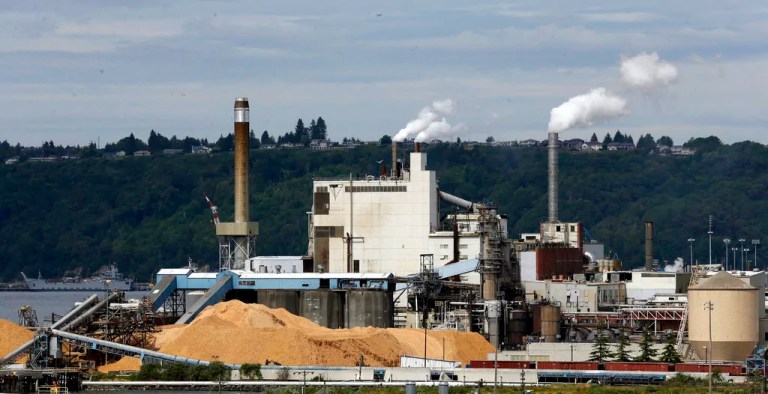 In this photo, piles of wood chips sit near a paper mill in Tacoma, Washington.