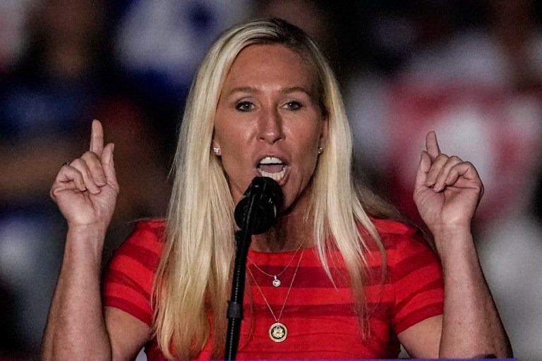Rep. Marjorie Taylor Greene, R-Ga., speaks before Republican presidential nominee former President Donald Trump at a campaign rally at McCamish Pavilion Monday, Oct. 28, 2024, in Atlanta. (AP Photo/Mike Stewart)