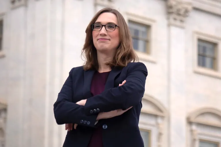 Rep.-elect Sarah McBride, D-Del., poses for a photo as she stands on the Capitol steps, in Washington, Friday, Nov. 15, 2024. (AP Photo/Mark Schiefelbein)