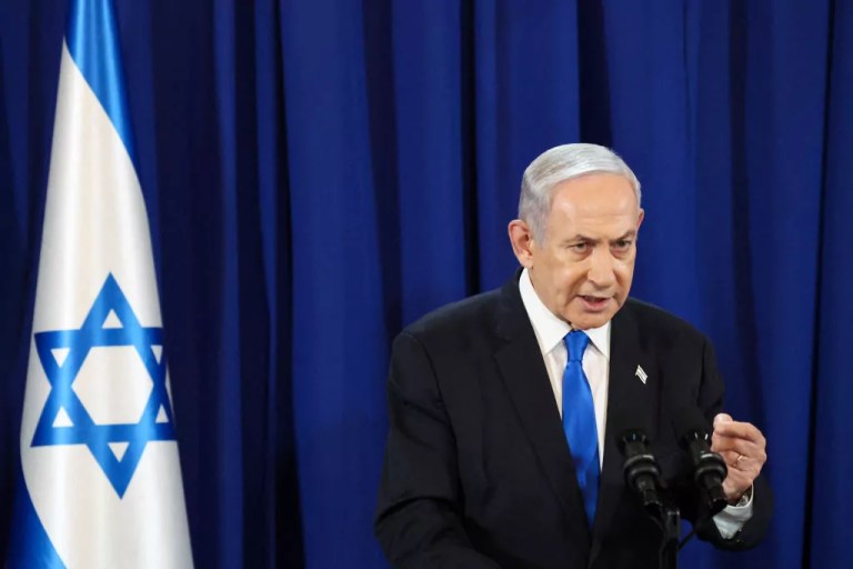 Israeli Prime Minister Benjamin Netanyahu speaks during a press conference in Tel Aviv on July 13, 2024 amid the ongoing conflict between Israel and the Palestinian militant Hamas group in Gaza.