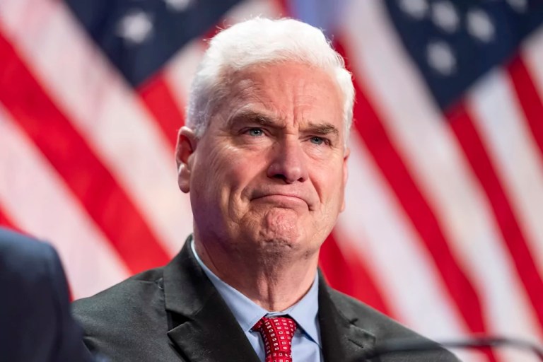 Rep. Tom Emmer (R-MN) is seated before President-elect Donald Trump arrives at a meeting of the House GOP conference, Wednesday, Nov. 13, 2024, in Washington. (AP Photo/Alex Brandon)
