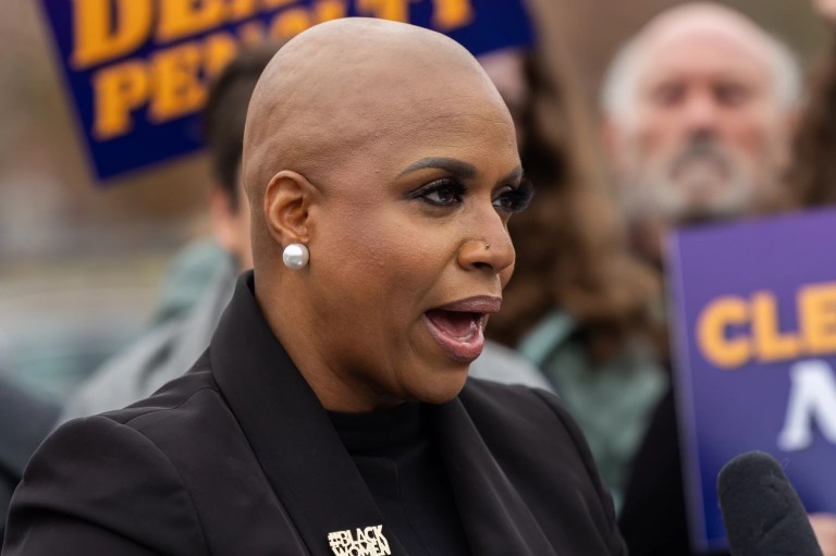 Rep. Ayanna Pressley (D-MA) speaks at a press conference.