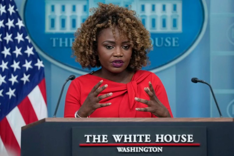 Karine Jean-Pierre speaks during the daily briefing at the White House.