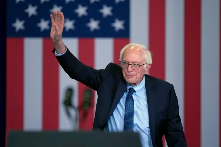 Sen. Bernie Sanders (I-VT) speaks before President Joe Biden arrives to deliver remarks on lowering the cost of prescription drugs at NHTI Concord Community College, Tuesday, Oct. 22, 2024, in Concord, New Hampshire.