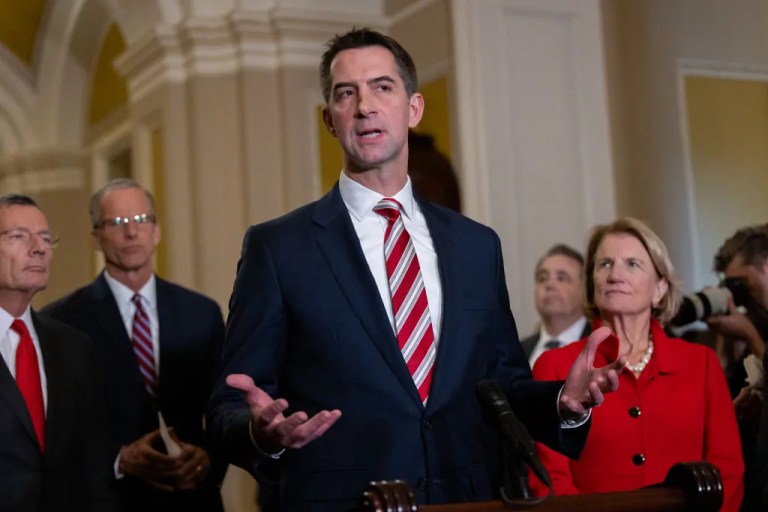Senator Tom Cotton (R-AR) speaks at a press conference following being elected the Republican Senate Conference Chair by the Senate Republican caucus in Washington, DC on November 13, 2024.