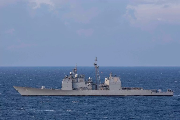 The Ticonderoga-class guided-missile cruiser USS Gettysburg (CG 64) steams in the Mediterranean Sea, Dec. 15, 2024.