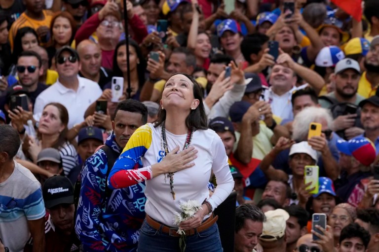 Venezuelan opposition leader Maria Corina Machado addresses supporters at a protest against President Nicolas Maduro in Caracas, Venezuela.