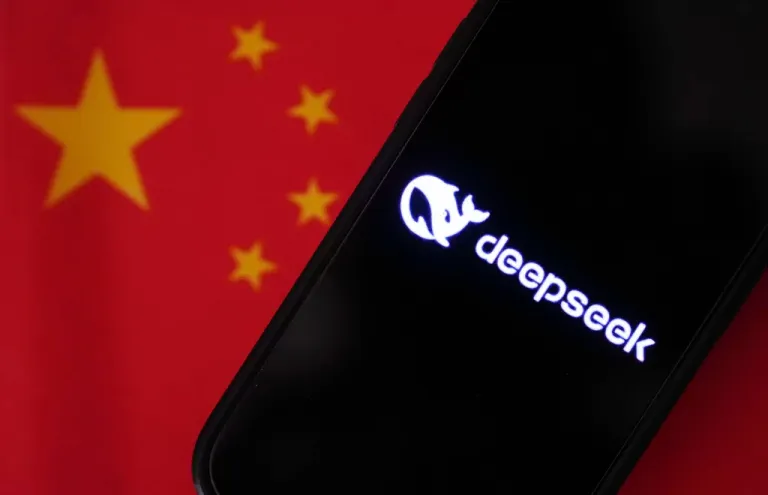 DeepSeek logo on top of Chinese flag