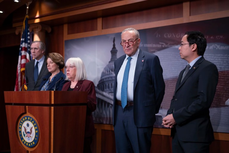 Senate Minority Leader Chuck Schumer (D-NY), center, is joined from left by fellow Democrats Sen. Jeff Merkley (D-OR), Sen. Amy Klobuchar (D-MN), Sen. Patty Murray (D-WA), and Sen. Andy Kim (D-NJ), as they slam President Trump's decision to freeze federal grants, calling the move illegal and unconstitutional, during a news conference at the Capitol in Washington, Tuesday, Jan. 28, 2025.