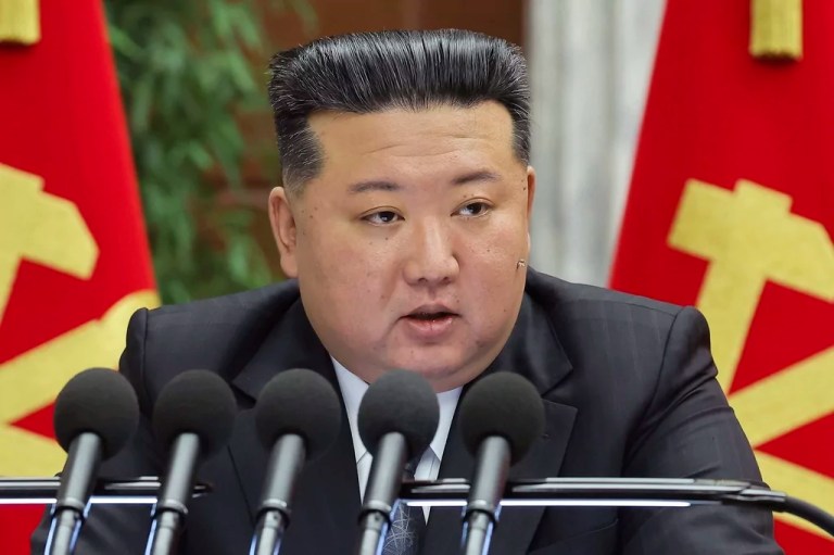 In this photo provided by the North Korean government, North Korean leader Kim Jong Un delivers a speech at a meeting held during Dec. 23 until Dec. 27, 2024, in Pyongyang, North Korea.