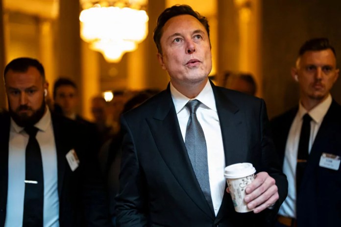 Elon Musk, chief executive officer of Tesla Inc. and SpaceX, center, at the U.S. Capitol in Washington, DC, US, on Thursday, Dec. 5, 2024. (Al Drago / Bloomberg via Getty Images)