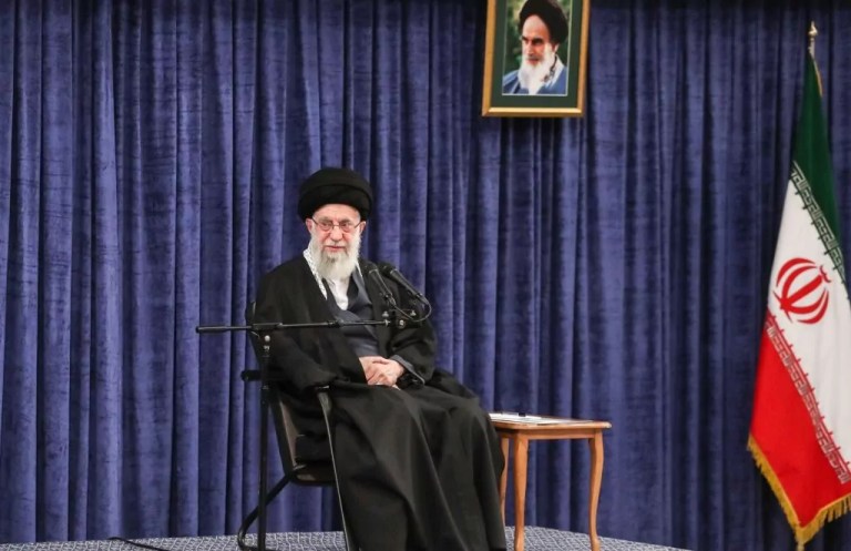 Iranian Supreme Leader Ayatollah Ali Khamenei delivers a speech at a program held at the Imam Khomeini Khosseini Hosseini in Tehran, Iran on April 03, 2022.
