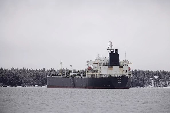 The detained Eagle S tanker, which damaged undersea cables in the Baltic Sea last month, off the coast of Porvoo, Finland, on Thursday, Jan. 9, 2025. Finnish authorities deemed the tanker that's part of the fleet carrying Russian oil as not seaworthy after inspections onboard. Photographer: Roni Rekomaa/Bloomberg via Getty Images