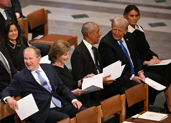 From L to R, former US President George W. Bush, his wife Laura Bush, former President Barack Obama, President-elect Donald Trump and his wife Melania Trump attend the State Funeral Service for former US President Jimmy Carter at the Washington National Cathedral in Washington, DC, on January 9, 2025. (Photo by Mandel NGAN / AFP) (Photo by MANDEL NGAN/AFP via Getty Images)