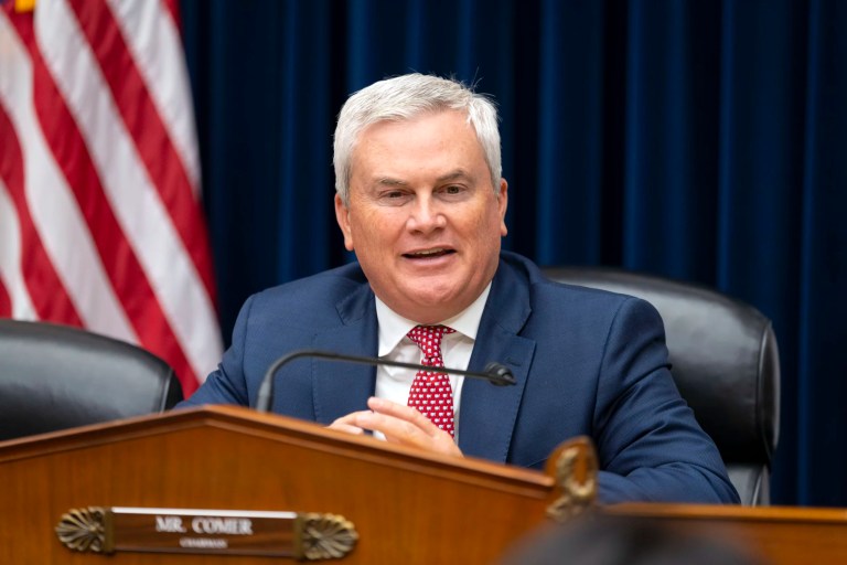 James Comer sits at the Chairman desk for the House Oversight Committe