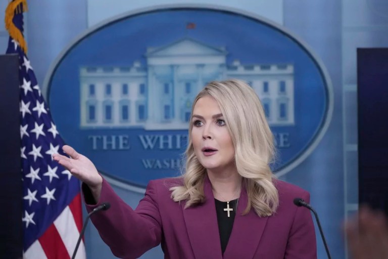 White House press secretary Karoline Leavitt speaks with reporters in the James Brady Press Briefing Room at the White House, Tuesday, Jan. 28, 2025, in Washington.