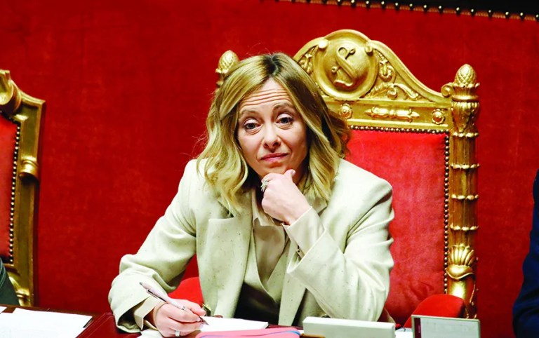 Italian Prime Minister Giorgia Meloni listens ahead of a European Council meeting on Dec. 19, 2024, in Rome. (Massimo Di Vita / Mondadori Portfolio via Getty Images)