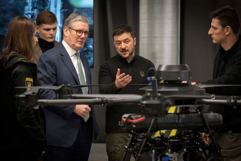 British Prime Minister Keir Starmer, left, and Ukrainian President Volodymyr Zelenskyy attend a presentation of Ukrainian military drones in Kyiv, Ukraine, Thursday, Jan. 16, 2025.