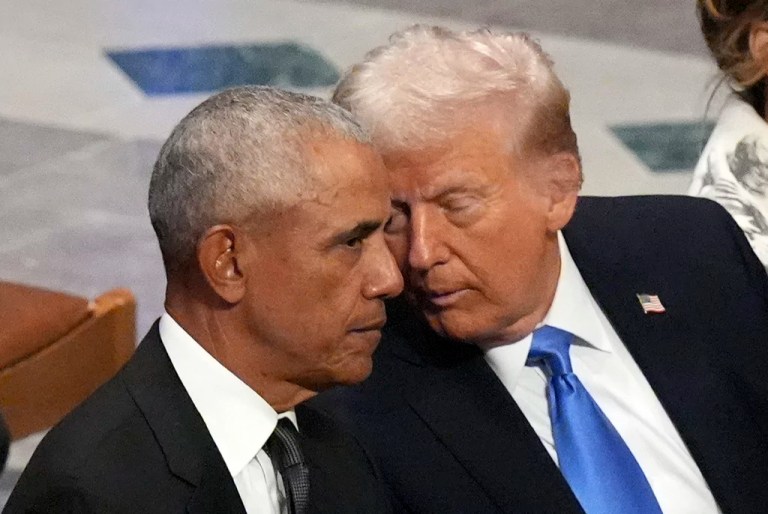 Trump and Obama’s funeral laughs go viral