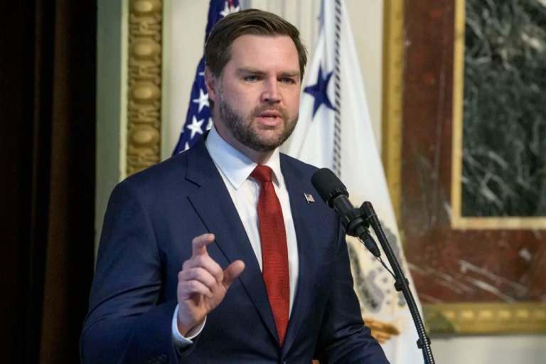 Vice President JD Vance speaks prior to swearing in Pete Hegseth as secretary of defense in the Indian Treaty Room of the Eisenhower Executive Office Building on the White House campus in Washington, Saturday, Jan. 25, 2025.