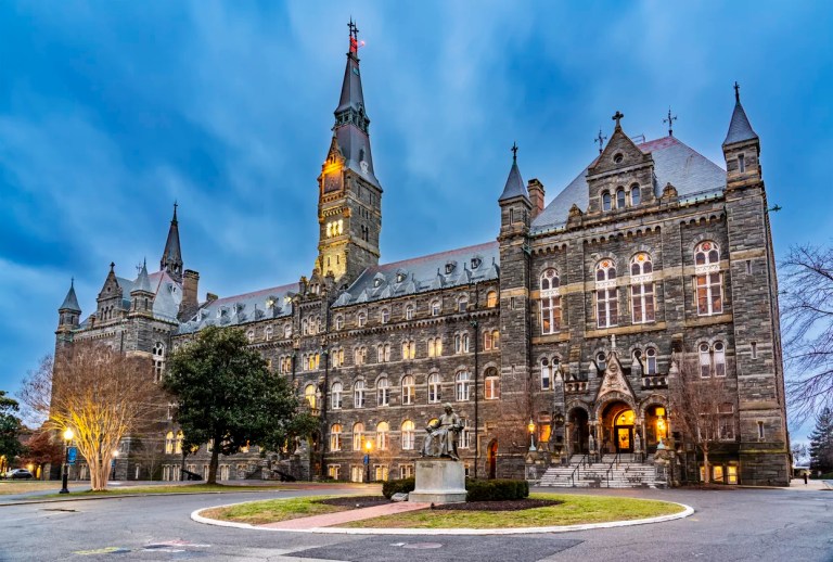 Georgetown, Washington DC, USA - January 29, 2023: Healy Hall at Georgetown University is a building on the U.S. National Registry of Historic Places and was completed in 1879.