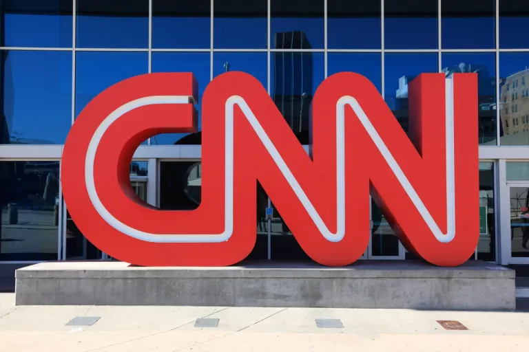 CNN logo in a large size perched in front of a building. (Getty Images)