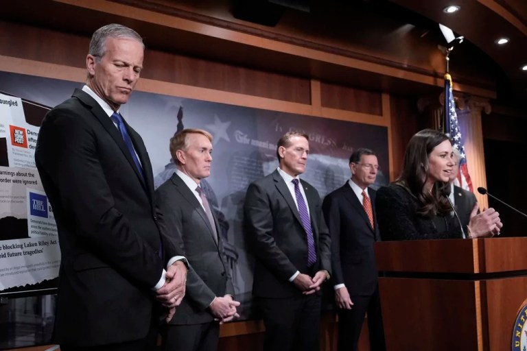 From left, Senate Majority Leader John Thune, R-S.D., Sen. James Lankford, R-Okla., Sen. Ted Budd, R-N.C., Sen. John Barrasso, R-Wyo., and Sen. Katie Britt, R-Ala., talk to reporters about the Laken Riley Act, a bill to detain unauthorized immigrants who have been accused of certain crimes, at the Capitol in Washington, Thursday, Jan. 9, 2025. Georgia nursing student Laken Riley was killed last year by a Venezuelan man who entered the U.S. illegally and was allowed to stay to pursue his immigration case. (AP Photo/J. Scott Applewhite)