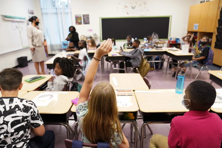 A student raises their hand in a classroom at Tussahaw Elementary school Aug. 4, 2021, in McDonough, Ga.