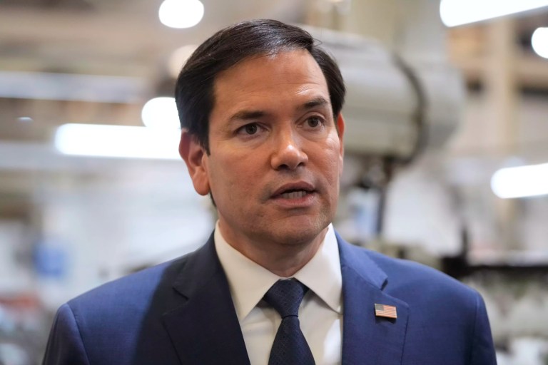 Secretary of State Marco Rubio speaks to the media during a visit to aircraft maintenance firm Aeroman in San Luis Talpa, El Salvador, Monday, Feb. 3, 2025.