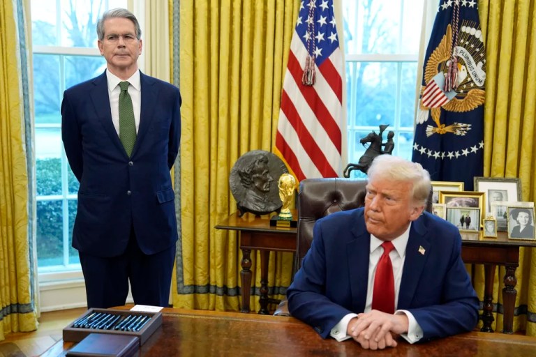 Treasury Secretary Scott Bessent listens as President Donald Trump speaks in the Oval Office of the White House, Monday, Feb. 3, 2025, in Washington, as Trump signs executive orders.