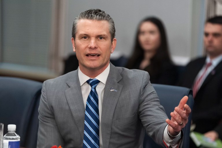 Secretary of Defense Pete Hegseth responds to reporters' question before the start of a meeting with Israeli Prime Minister Benjamin Netanyahu at the Pentagon during a ceremony, Wednesday, Feb. 5, 2025, in Washington.
