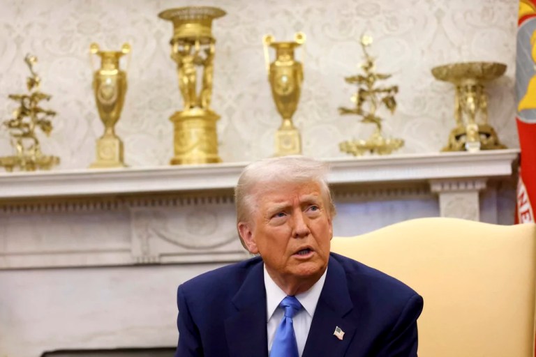 President Donald Trump speaks during a meeting with France's President Emmanuel Macron in the Oval Office of the White House in Washington, Monday, Feb. 24, 2025.