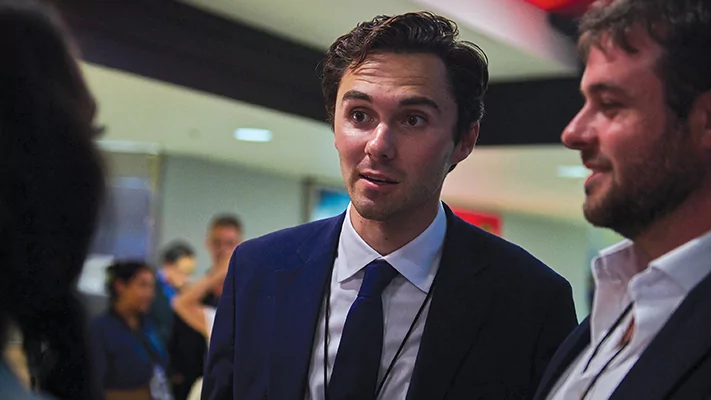 David Hogg, gun control advocate and survivor of the Marjory Stoneman Douglas High School tragedy, at the 2024 Democratic National Convention in Chicago, Illinois, Thursday, August 22, 2024.