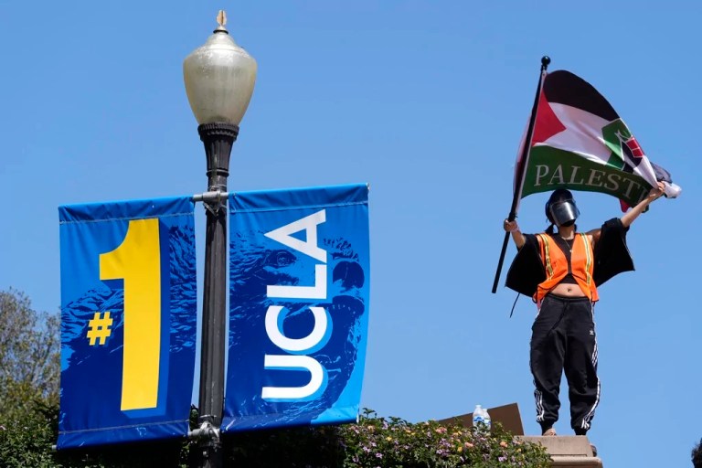 Demonstrators wave flags on the UCLA campus.
