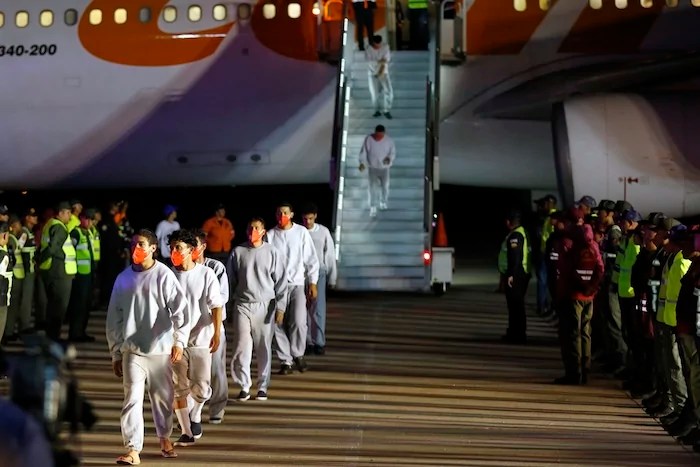 Venezuelan migrants deported from the United States arrive at Simon Bolivar International Airport in Maiquetia, Venezuela, Thursday, Feb. 20, 2025.