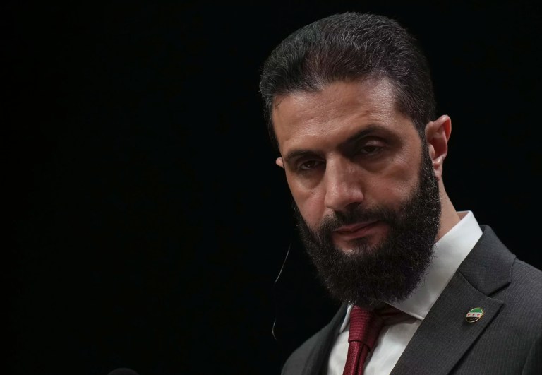 Syria's interim President Ahmad al-Sharaa, during a joint press conference with Turkish President Recep Tayyip Erdoğan, following their meeting at the presidential palace in Ankara, Turkey, Tuesday, Feb. 4, 2025.