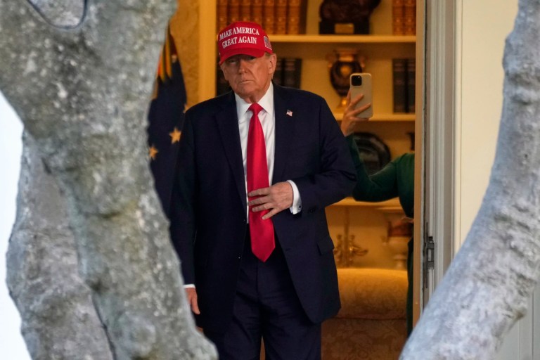 President Donald Trump walks from the Oval Office to depart on Marine One on the South Lawn of the White House in Washington, Feb. 28, 2025.