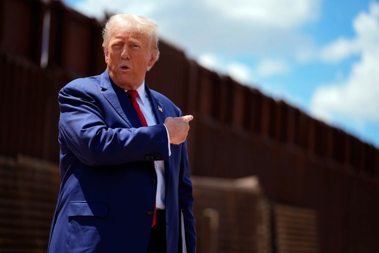 President Donald Trump speaks along the southern border with Mexico, on Aug. 22, 2024, in Sierra Vista, Ariz.