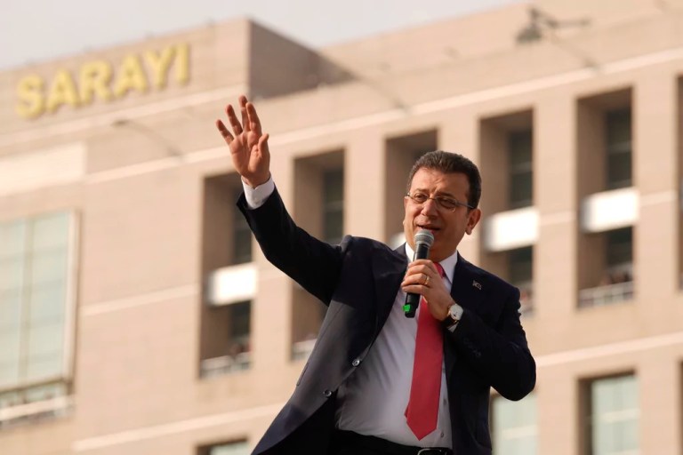 Istanbul's Mayor Ekrem Imamoglu addresses his supporters in front of the Istanbul courthouse, in Istanbul, Turkey, Friday, Jan. 31, 2025.