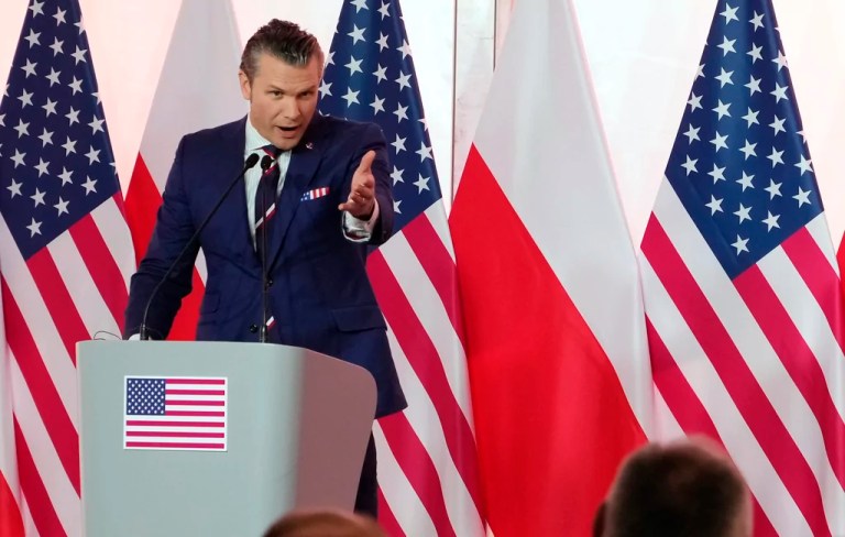 U.S. Defense Secretary Pete Hegseth during a press conference at the Polish Ministry of Defense headquarters in Warsaw, Poland, Friday, Feb. 14, 2025.