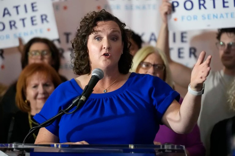 Katie Porter speaks to supporters at an election night party.