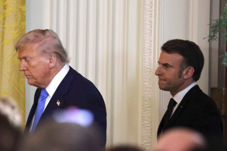 President Donald Trump, left, and France's President Emmanuel Macron arrive for a joint press conference in the East Room of the White House in Washington, Monday, Feb. 24, 2025.
