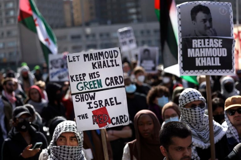 Demonstrators from the group Jewish Voice for Peace protest inside Trump Tower in support of Columbia graduate student Mahmoud Khalil, Thursday, March 13, 2025, in New York.