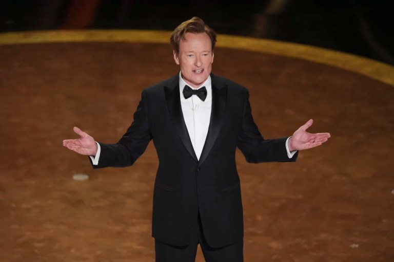 Host Conan O'Brien speaks during the Oscars on Sunday, March 2, 2025, at the Dolby Theatre in Los Angeles.