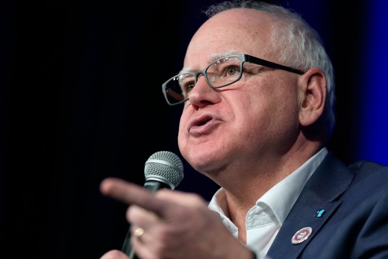 Gov. Tim Walz (D-MN) speaks at a town hall event at Roosevelt High School on Friday, March 14, 2025, in Des Moines, Iowa.