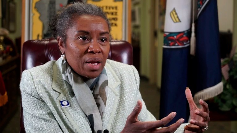 Republican Lt. Gov. Winsome Earle-Sears speaks with a reporter at her office in Richmond, Virginia, Tuesday, Jan. 28, 2025.