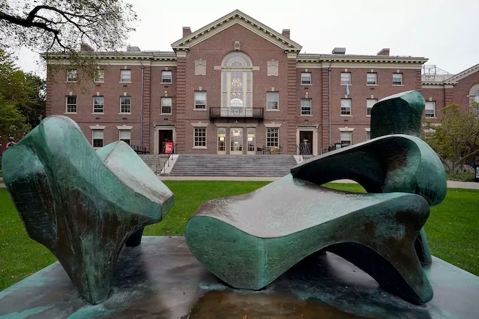 The sculpture Reclining Figure No. 2 — Bridge Prop (1963), by Henry Moore, rests in a quad on the campus of Brown University, in Providence, Rhode Island, Monday, Oct. 12, 2020.